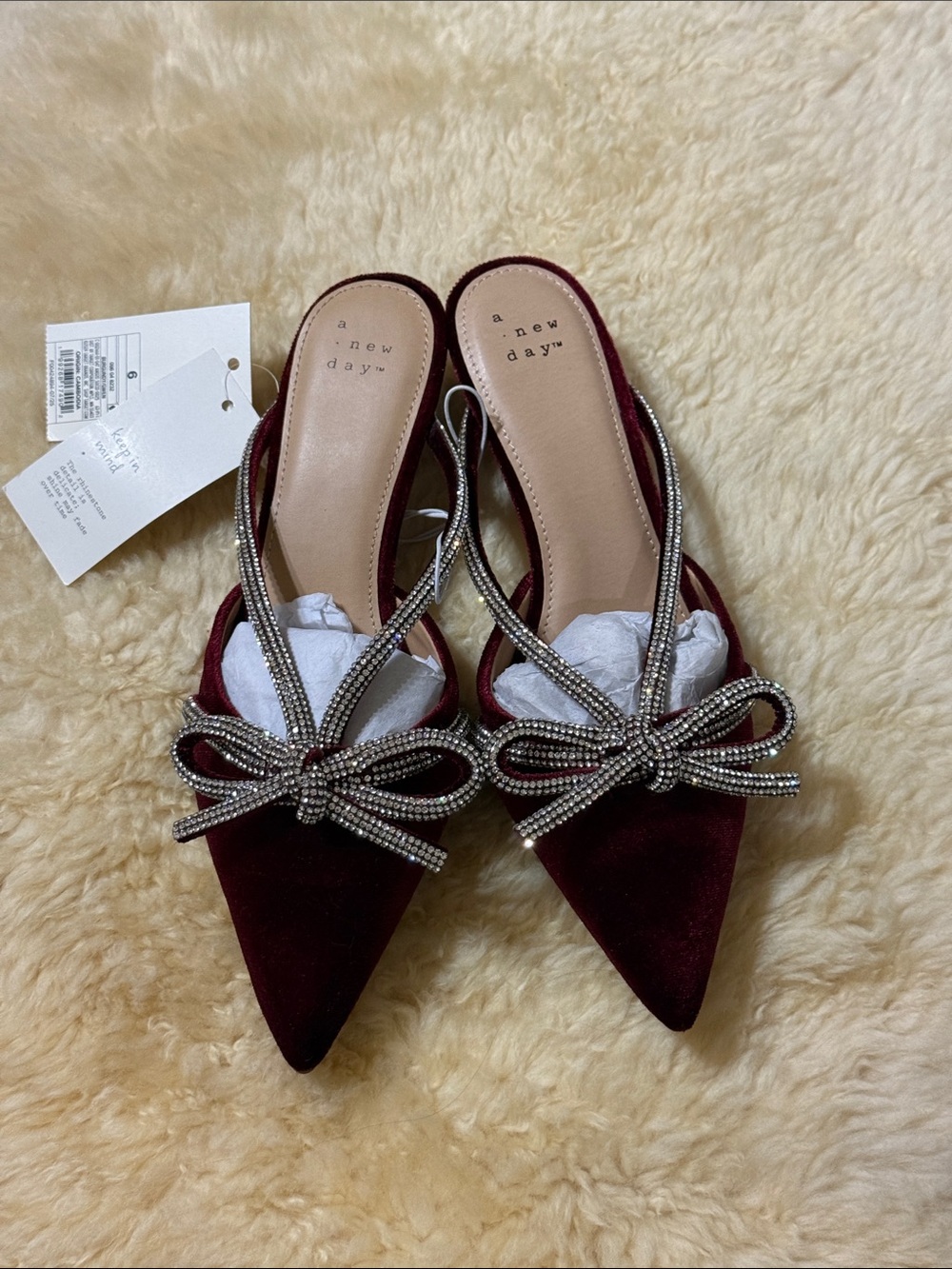 a new day Burgundy Velvet Pointed Toe Mules with Crystal Bow